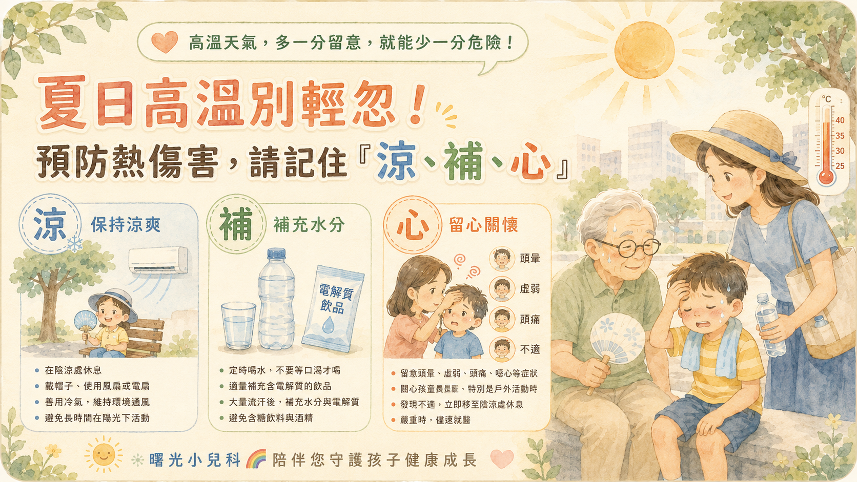 夏日高溫別輕忽!預防熱傷害,請記住「涼、補、心」